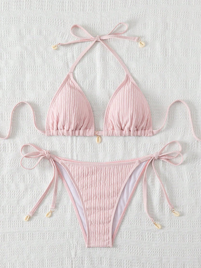 Swim Mod Women's Vacation Beach Solid Color Textured Bikini Set For Summer