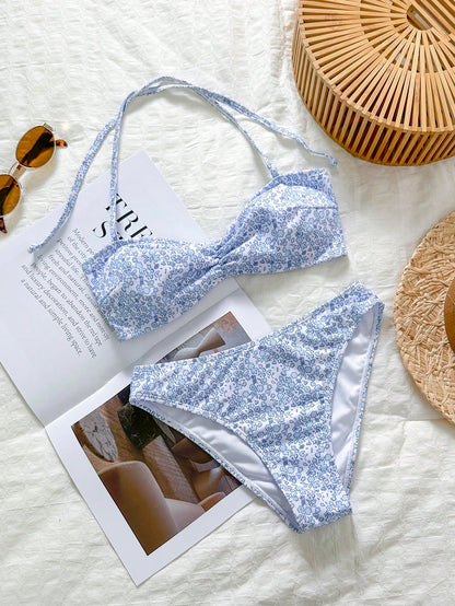 Swim Mod Women's White And Blue Floral Bikini Set,Summer Cute Halter Top 2 Pieces Swimwear For Holiday,Pool Party,Boho Beach Vacation Bathing Suits Outfit
