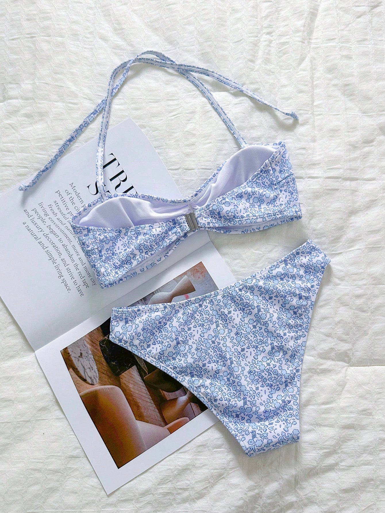 Swim Mod Women's White And Blue Floral Bikini Set,Summer Cute Halter Top 2 Pieces Swimwear For Holiday,Pool Party,Boho Beach Vacation Bathing Suits Outfit