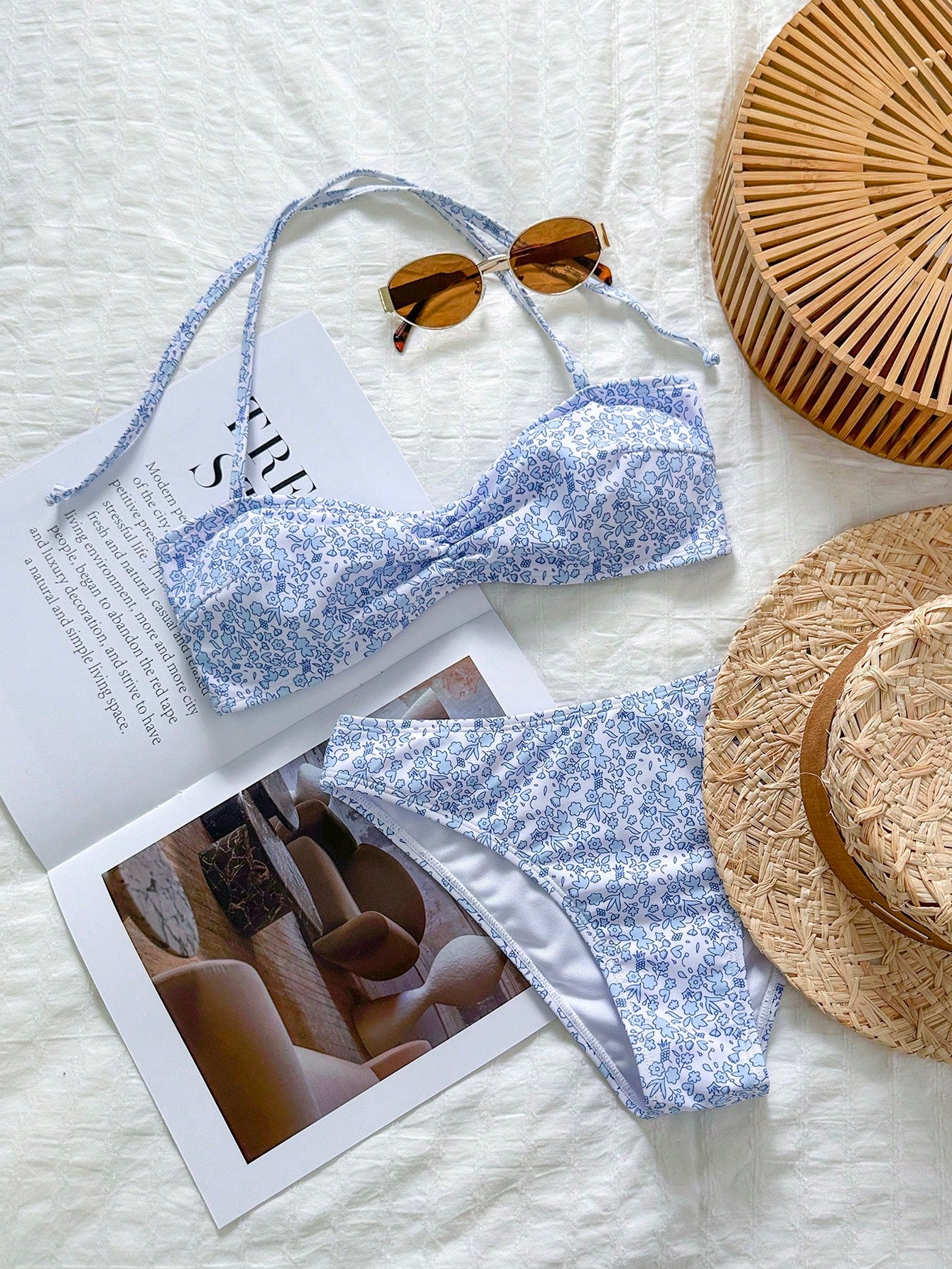 Swim Mod Women's White And Blue Floral Bikini Set,Summer Cute Halter Top 2 Pieces Swimwear For Holiday,Pool Party,Boho Beach Vacation Bathing Suits Outfit