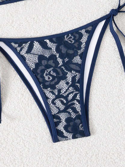 Swim Mod Women Solid Lace Halter Swimsuit & Triangle Swimming Trunks Set, Fashionable For Summer