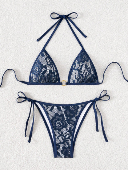Swim Mod Women Solid Lace Halter Swimsuit & Triangle Swimming Trunks Set, Fashionable For Summer