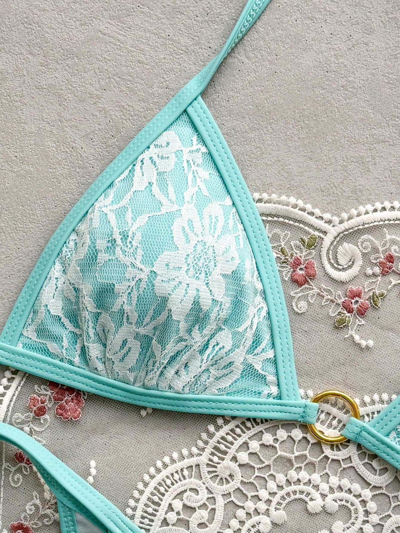 Swim Mod Women Solid Lace Halter Swimsuit & Triangle Swimming Trunks Set, Fashionable For Summer