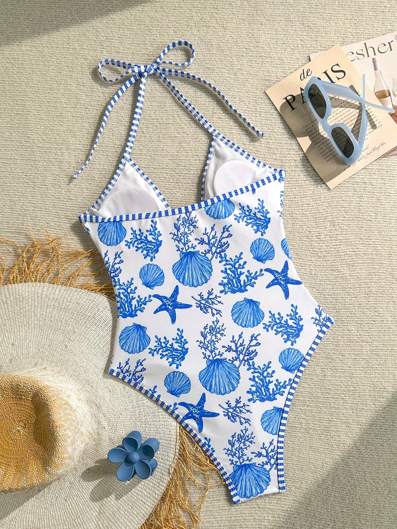 Swim Mod Women Summer Beach Vacation One-Piece Swimsuit,White Marine Life Starfish Print Halter Backless High Cut Bathing Suit,Casual Holiday,Pool Party