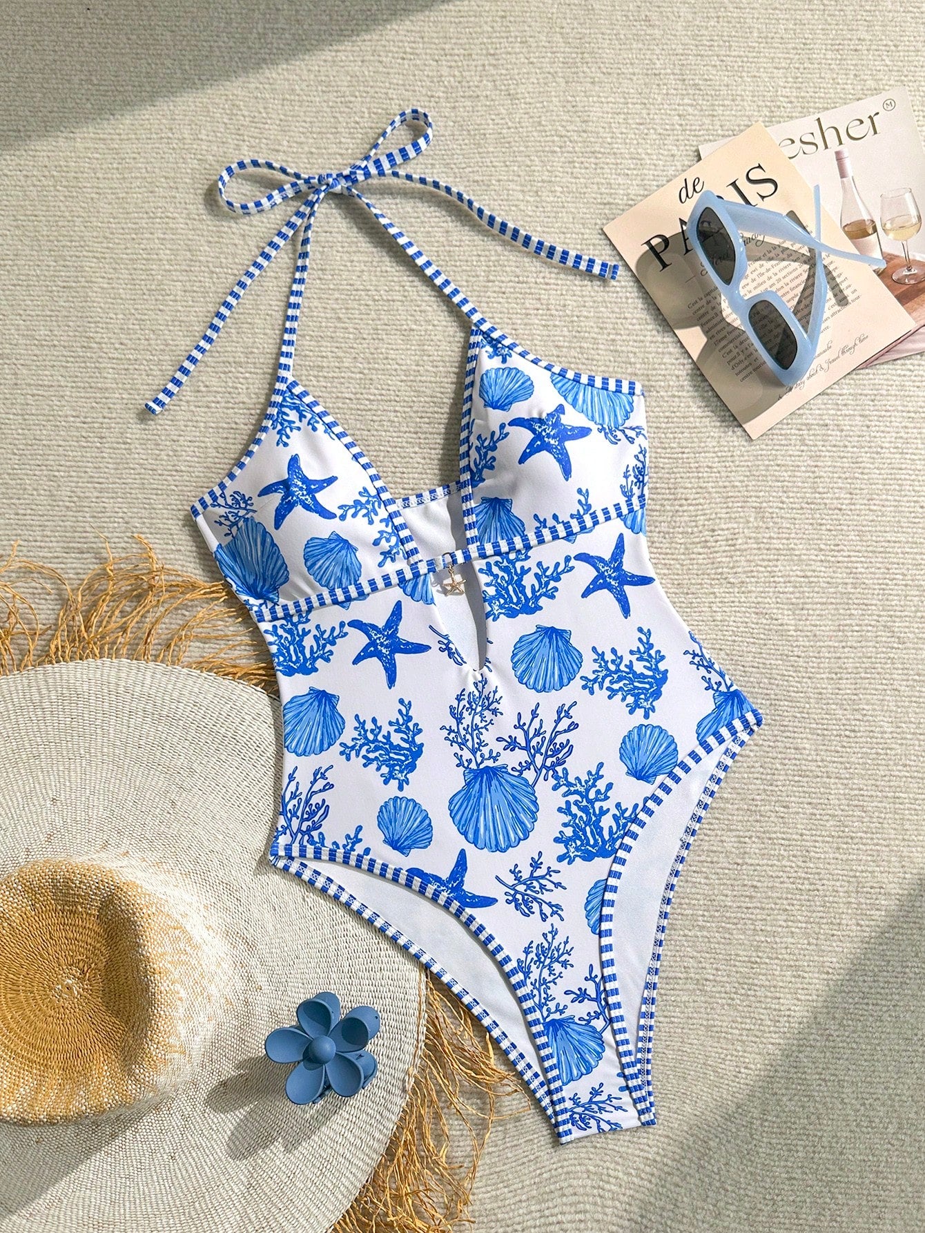 Swim Mod Women Summer Beach Vacation One-Piece Swimsuit,White Marine Life Starfish Print Halter Backless High Cut Bathing Suit,Casual Holiday,Pool Party