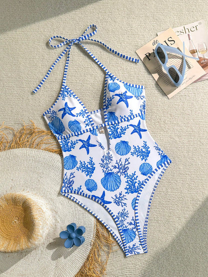 Swim Mod Women Summer Beach Vacation One-Piece Swimsuit,White Marine Life Starfish Print Halter Backless High Cut Bathing Suit,Casual Holiday,Pool Party