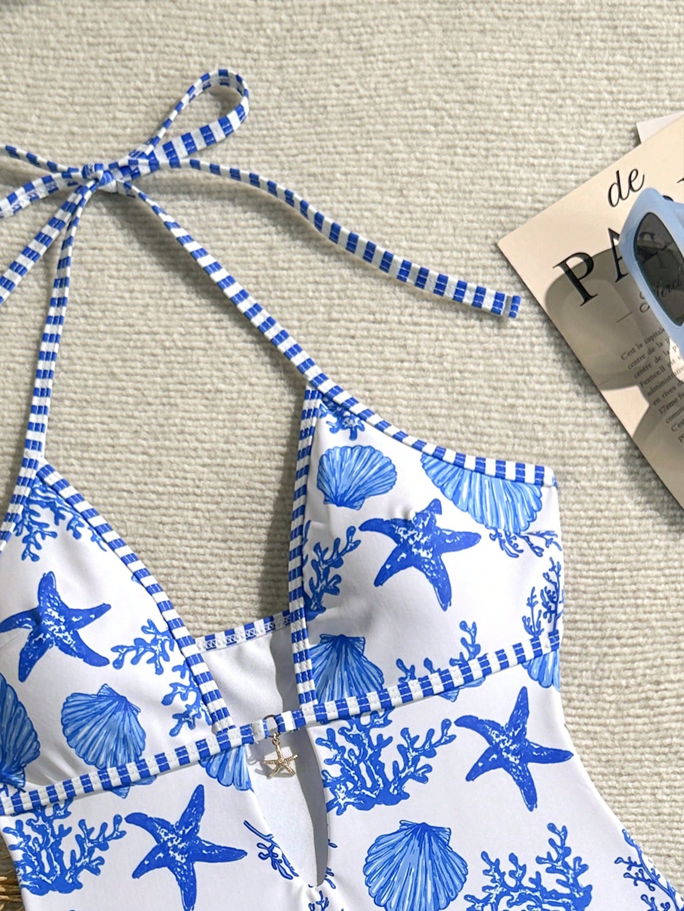 Swim Mod Women Summer Beach Vacation One-Piece Swimsuit,White Marine Life Starfish Print Halter Backless High Cut Bathing Suit,Casual Holiday,Pool Party