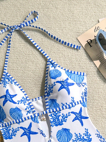 Swim Mod Women Summer Beach Vacation One-Piece Swimsuit,White Marine Life Starfish Print Halter Backless High Cut Bathing Suit,Casual Holiday,Pool Party