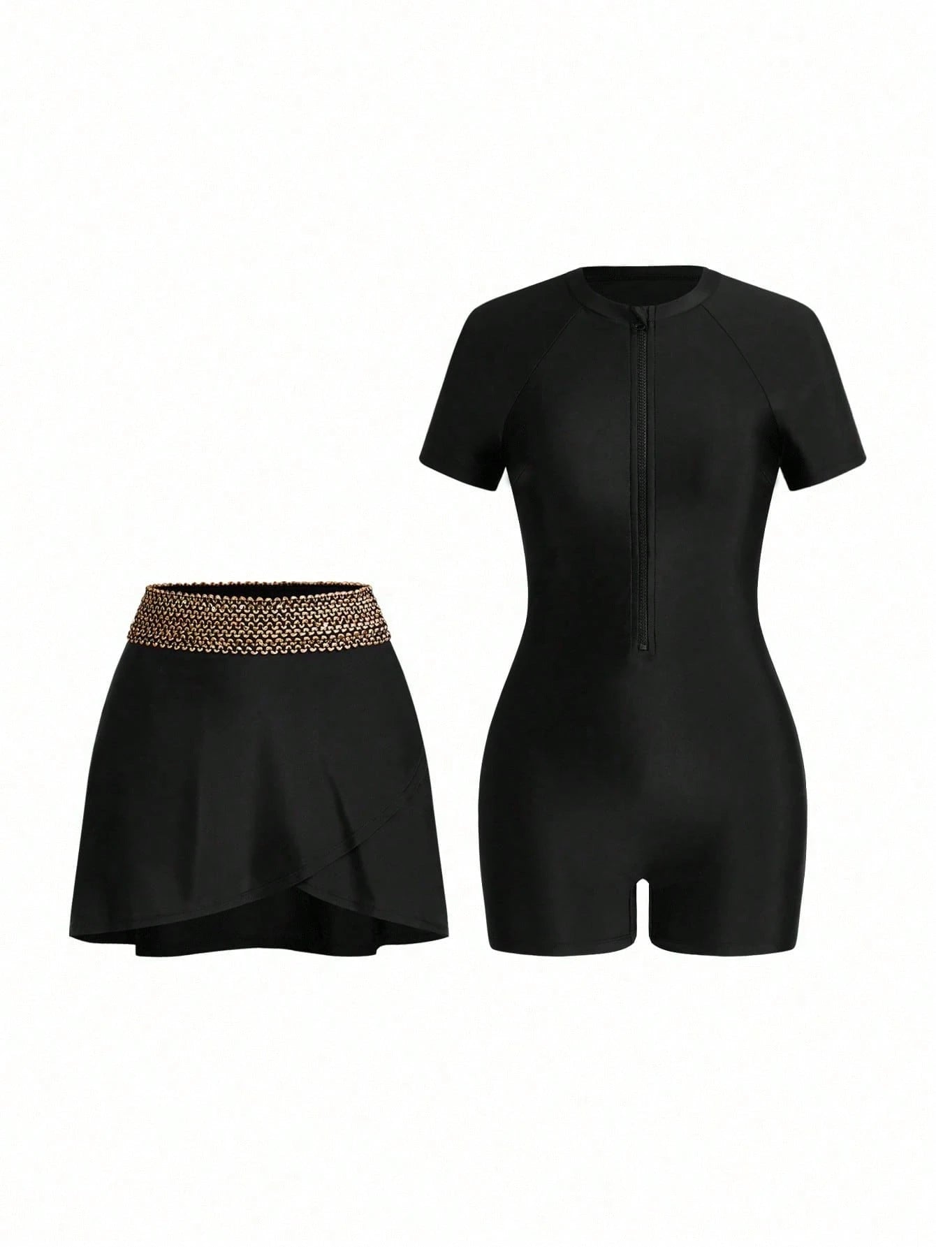 Swim Mulvari 1pc Women's One-Piece Swimsuit With Zipper Front, Black With Gold Trim, Elegant & Conservative, Suitable For Spring/Summer, Beach, Party