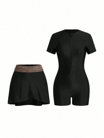 Swim Mulvari 1pc Women's One-Piece Swimsuit With Zipper Front, Black With Gold Trim, Elegant & Conservative, Suitable For Spring/Summer, Beach, Party