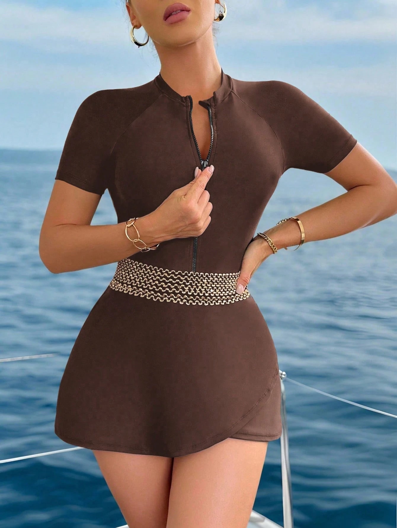 Swim Mulvari 1pc Women's One-Piece Swimsuit With Zipper Front, Black With Gold Trim, Elegant & Conservative, Suitable For Spring/Summer, Beach, Party