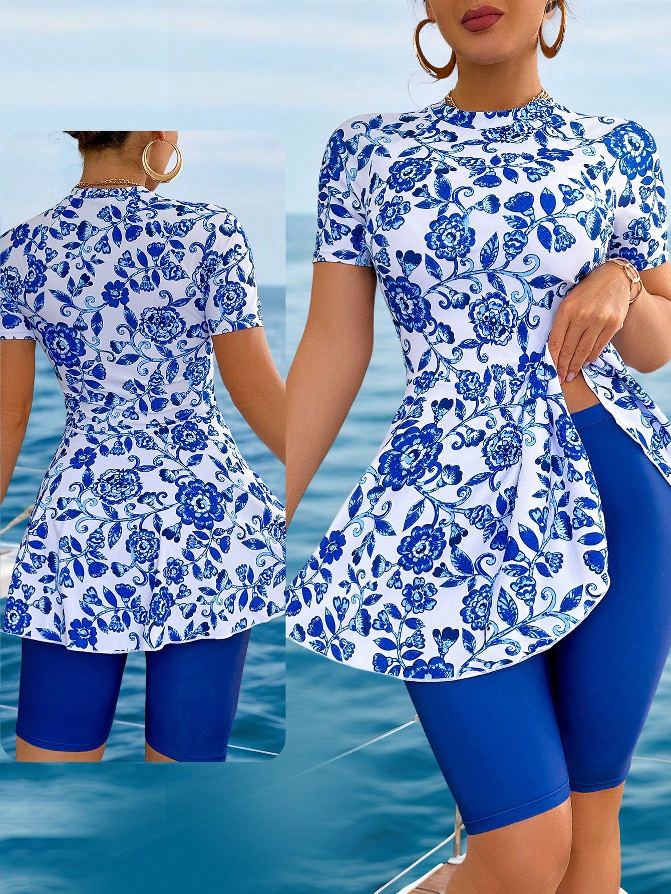 Swim Mulvari 2026 New Women's Blue And White Floral Pattern Porcelain Short Skirt Five-Point Pants Swimsuit Tank Top Bikini Elegant Casual Spring Summer Vacation Beach Party Sand 2-Piece Set