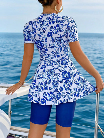 Swim Mulvari 2026 New Women's Blue And White Floral Pattern Porcelain Short Skirt Five-Point Pants Swimsuit Tank Top Bikini Elegant Casual Spring Summer Vacation Beach Party Sand 2-Piece Set
