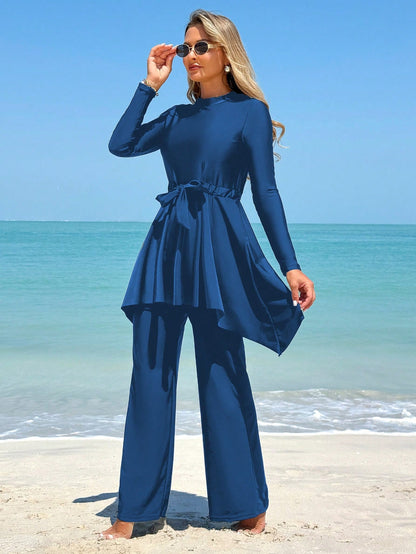 Swim Mulvari 2pcs Women's Swimsuit Set, Solid Color Modest Crew Neck Long Sleeve Top With Waist Tie, And Long Pants, Beach Vacation Bikini Suit For Summer