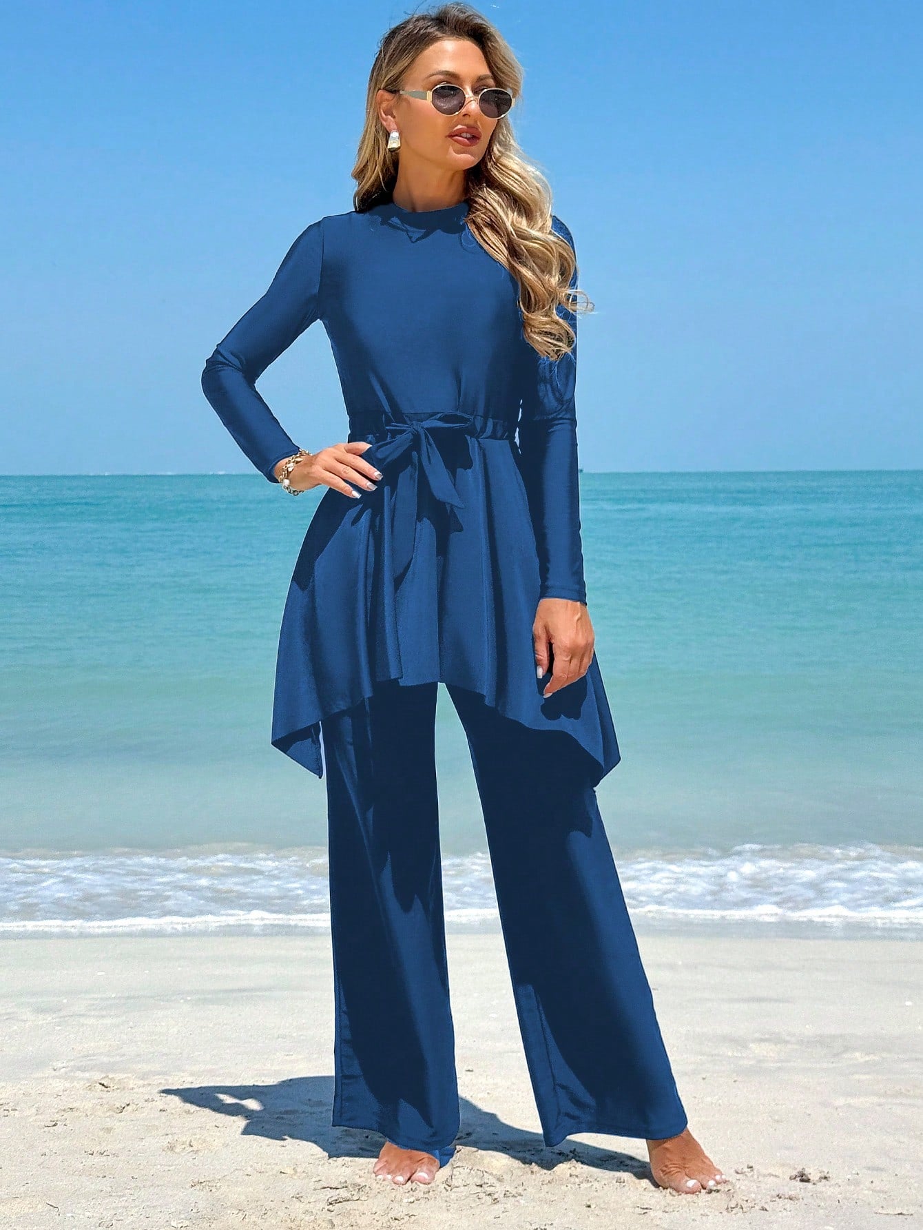 Swim Mulvari 2pcs Women's Swimsuit Set, Solid Color Modest Crew Neck Long Sleeve Top With Waist Tie, And Long Pants, Beach Vacation Bikini Suit For Summer