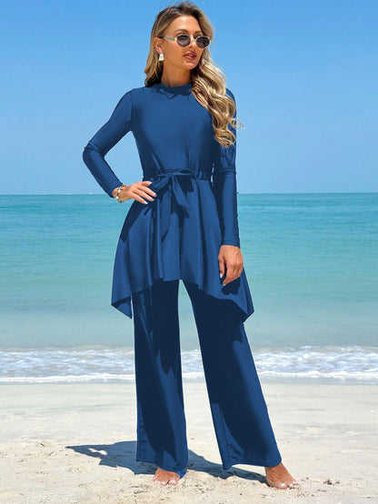 Swim Mulvari 2pcs Women's Swimsuit Set, Solid Color Modest Crew Neck Long Sleeve Top With Waist Tie, And Long Pants, Beach Vacation Bikini Suit For Summer