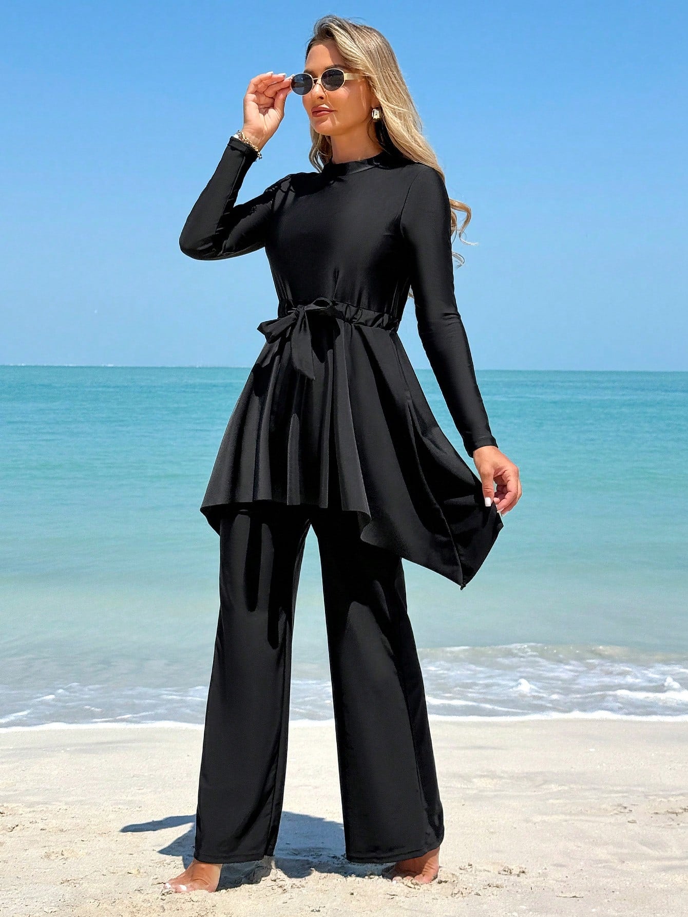 Swim Mulvari 2pcs Women's Swimsuit Set, Solid Color Modest Crew Neck Long Sleeve Top With Waist Tie, And Long Pants, Beach Vacation Bikini Suit For Summer
