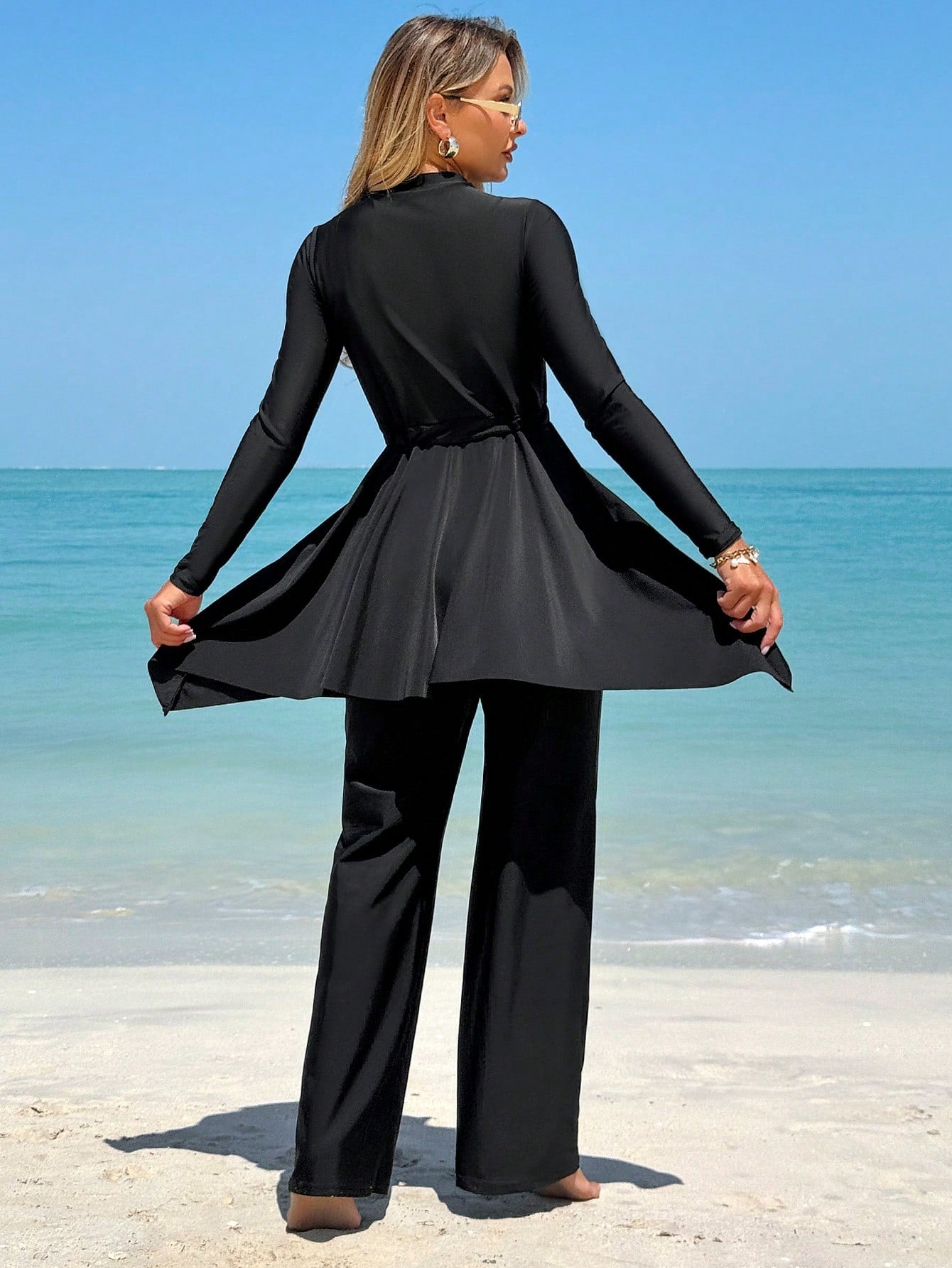 Swim Mulvari 2pcs Women's Swimsuit Set, Solid Color Modest Crew Neck Long Sleeve Top With Waist Tie, And Long Pants, Beach Vacation Bikini Suit For Summer