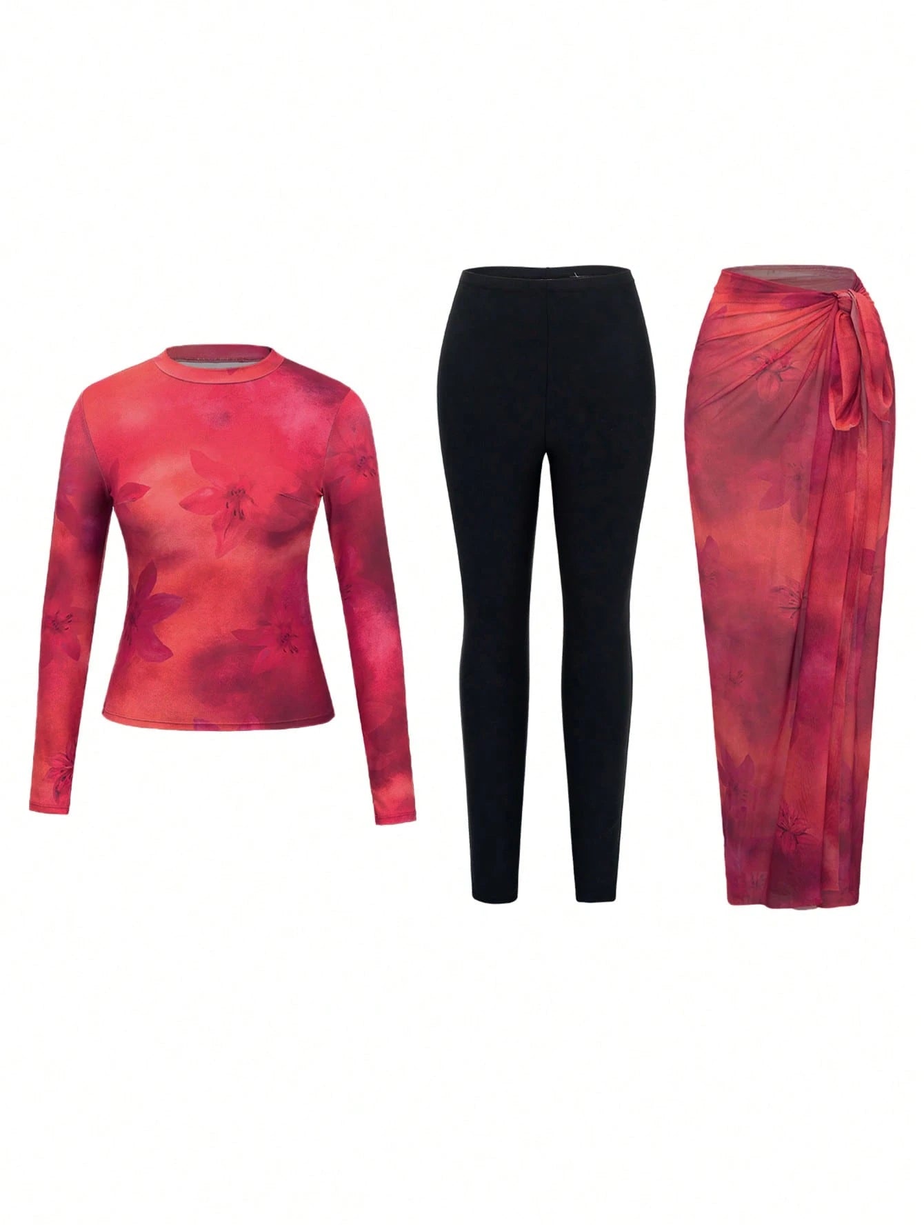 Swim Mulvari 3pcs/Set Women's Red Floral Print Round Neck Long Sleeve Top, Slim Fit Pants, And Long Mesh Skirt, Modest Swimwear For Spring/Summer Vacation