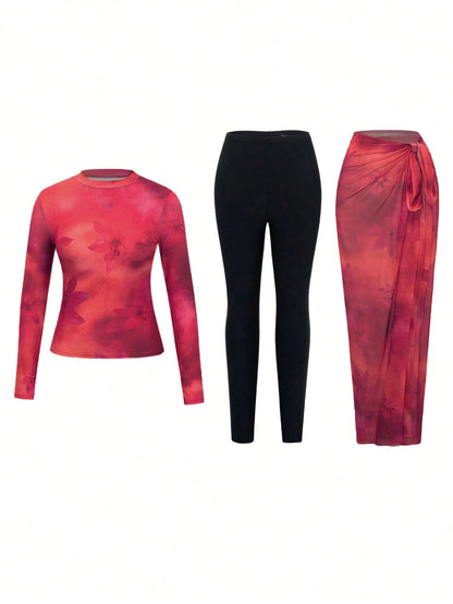 Swim Mulvari 3pcs/Set Women's Red Floral Print Round Neck Long Sleeve Top, Slim Fit Pants, And Long Mesh Skirt, Modest Swimwear For Spring/Summer Vacation