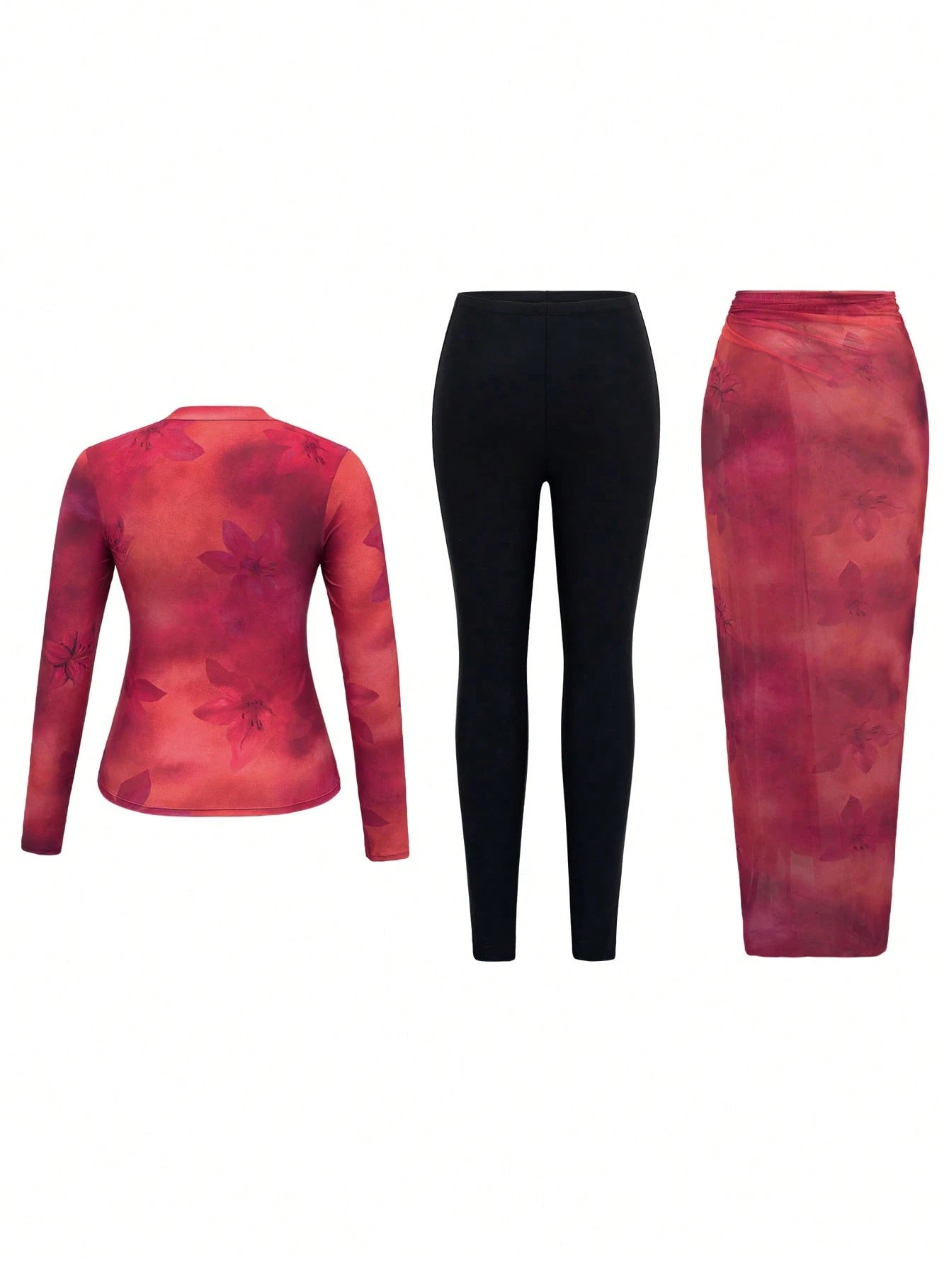 Swim Mulvari 3pcs/Set Women's Red Floral Print Round Neck Long Sleeve Top, Slim Fit Pants, And Long Mesh Skirt, Modest Swimwear For Spring/Summer Vacation