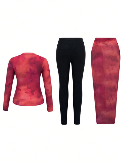 Swim Mulvari 3pcs/Set Women's Red Floral Print Round Neck Long Sleeve Top, Slim Fit Pants, And Long Mesh Skirt, Modest Swimwear For Spring/Summer Vacation