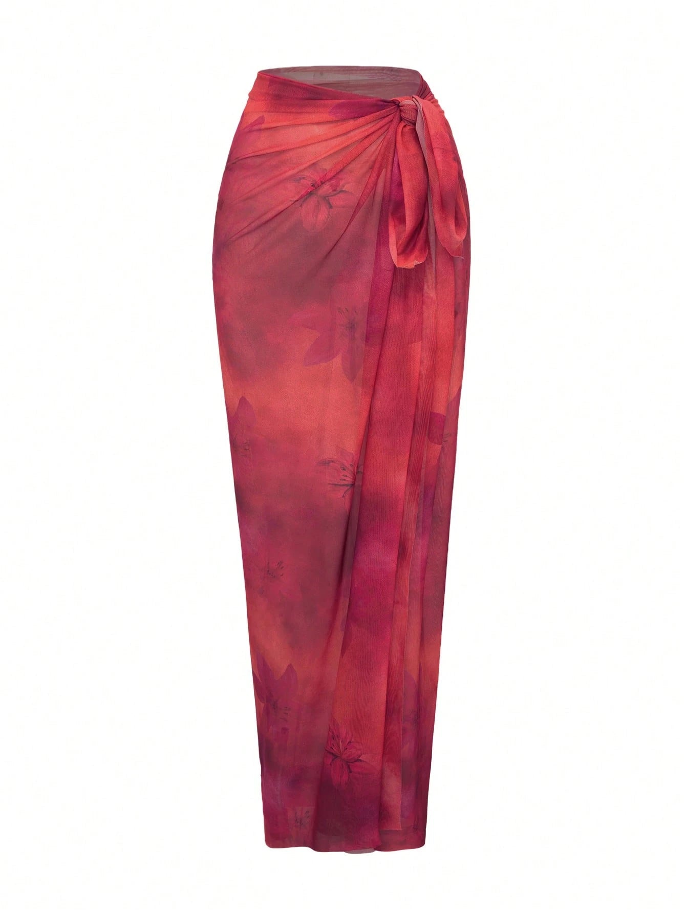 Swim Mulvari 3pcs/Set Women's Red Floral Print Round Neck Long Sleeve Top, Slim Fit Pants, And Long Mesh Skirt, Modest Swimwear For Spring/Summer Vacation