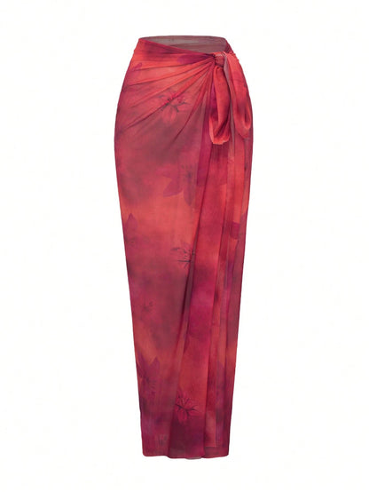 Swim Mulvari 3pcs/Set Women's Red Floral Print Round Neck Long Sleeve Top, Slim Fit Pants, And Long Mesh Skirt, Modest Swimwear For Spring/Summer Vacation
