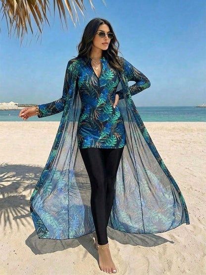 Swim Mulvari Middle East Muslim Tropical Print Burkini 3-Piece Set Vacation Conservative Long Sleeve Cover-Up Sun Protection Swimwear Slimming Full Coverage Flowy Cover-Up + Midi Dress + Long Pants Sp