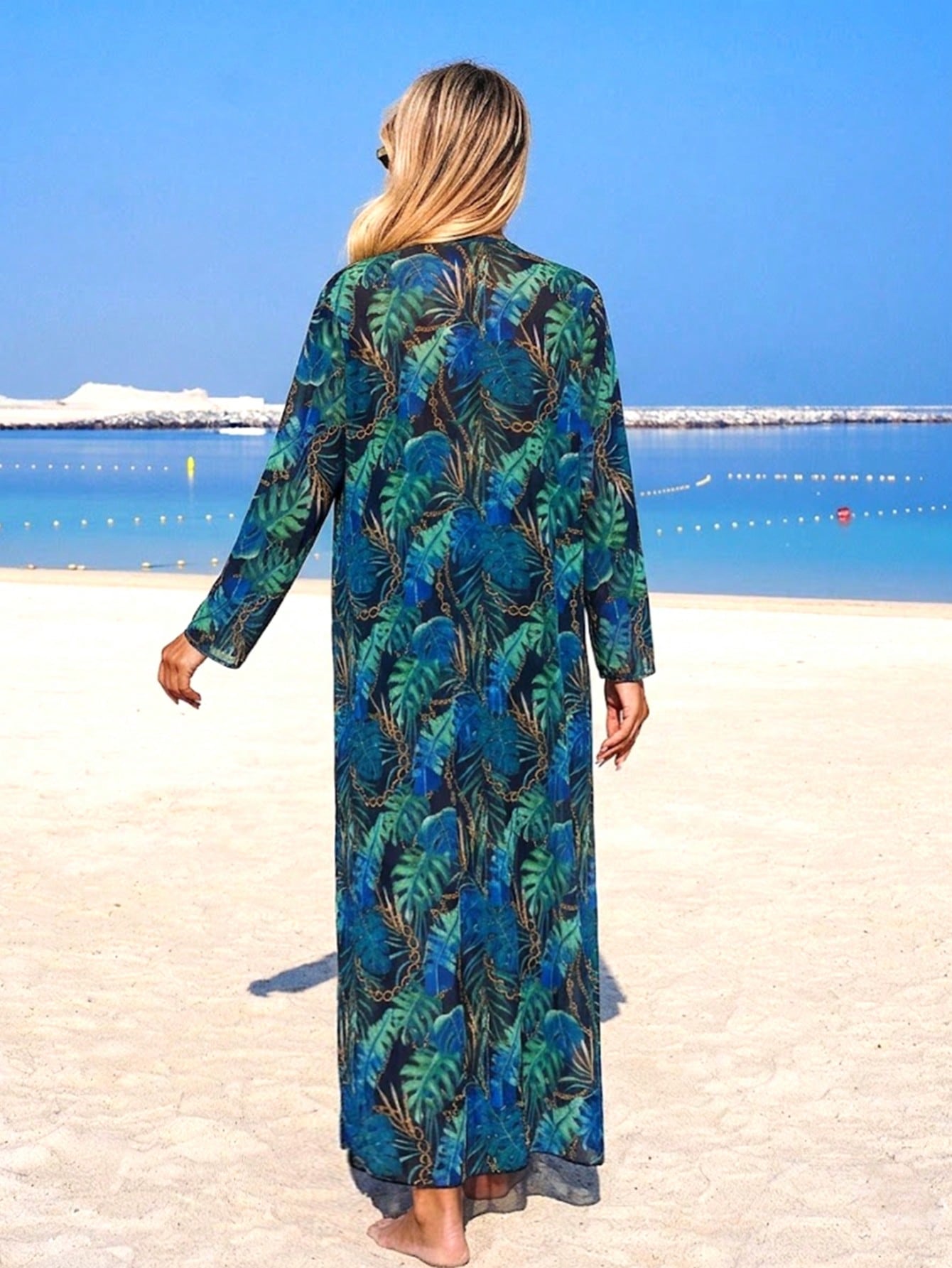 Swim Mulvari Middle East Muslim Tropical Print Burkini 3-Piece Set Vacation Conservative Long Sleeve Cover-Up Sun Protection Swimwear Slimming Full Coverage Flowy Cover-Up + Midi Dress + Long Pants Sp