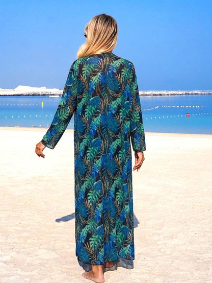 Swim Mulvari Middle East Muslim Tropical Print Burkini 3-Piece Set Vacation Conservative Long Sleeve Cover-Up Sun Protection Swimwear Slimming Full Coverage Flowy Cover-Up + Midi Dress + Long Pants Sp