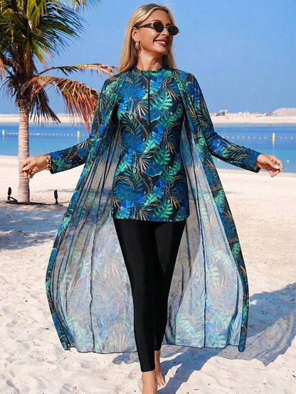 Swim Mulvari Middle East Muslim Tropical Print Burkini 3-Piece Set Vacation Conservative Long Sleeve Cover-Up Sun Protection Swimwear Slimming Full Coverage Flowy Cover-Up + Midi Dress + Long Pants Sp