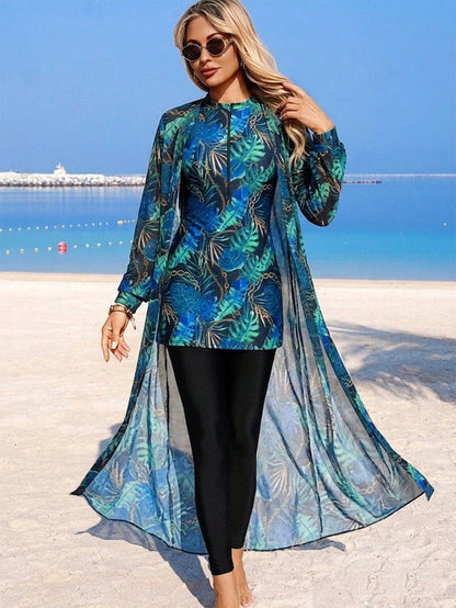 Swim Mulvari Middle East Muslim Tropical Print Burkini 3-Piece Set Vacation Conservative Long Sleeve Cover-Up Sun Protection Swimwear Slimming Full Coverage Flowy Cover-Up + Midi Dress + Long Pants Sp