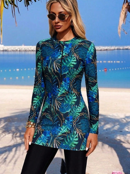 Swim Mulvari Middle East Muslim Tropical Print Burkini 3-Piece Set Vacation Conservative Long Sleeve Cover-Up Sun Protection Swimwear Slimming Full Coverage Flowy Cover-Up + Midi Dress + Long Pants Sp