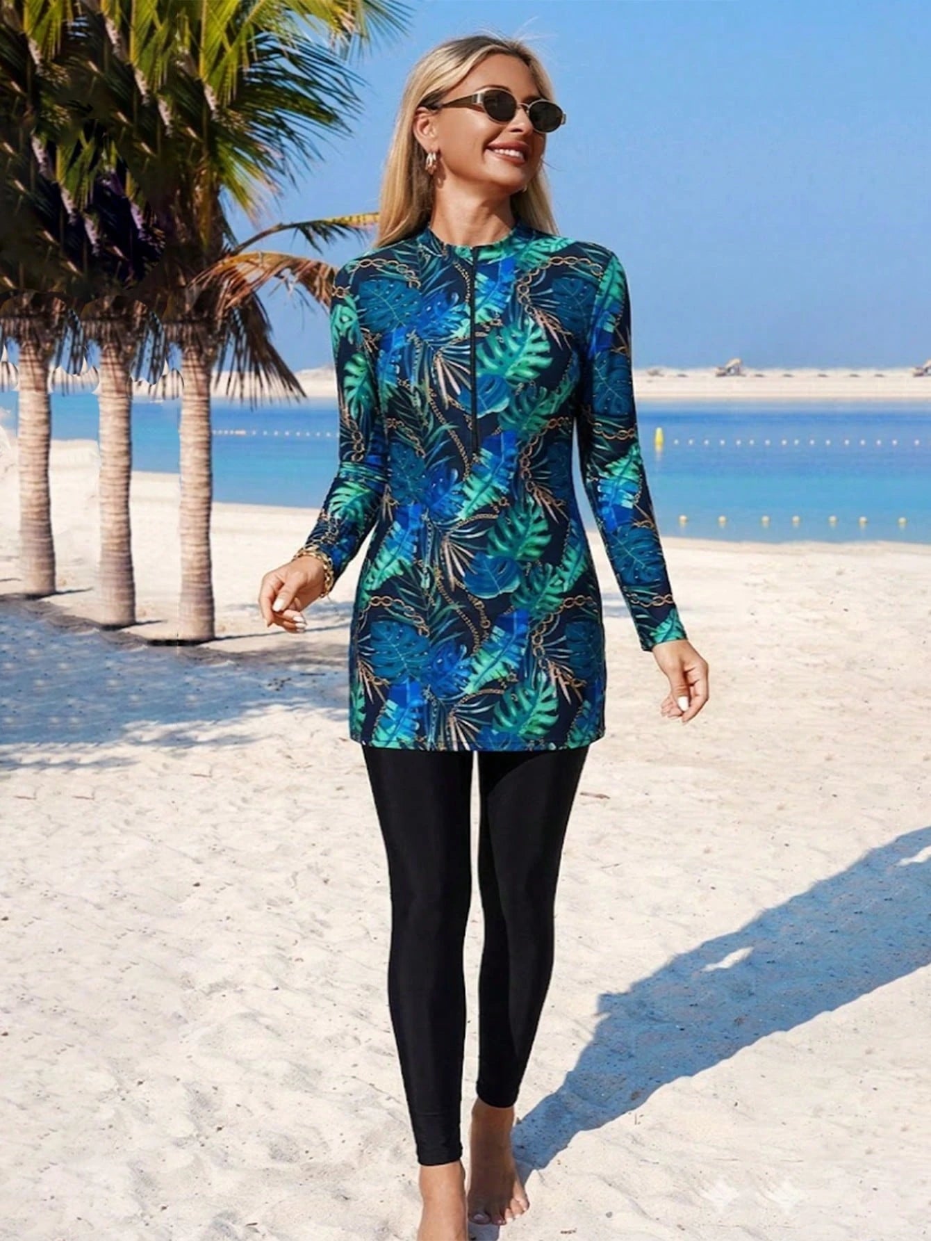 Swim Mulvari Middle East Muslim Tropical Print Burkini 3-Piece Set Vacation Conservative Long Sleeve Cover-Up Sun Protection Swimwear Slimming Full Coverage Flowy Cover-Up + Midi Dress + Long Pants Sp