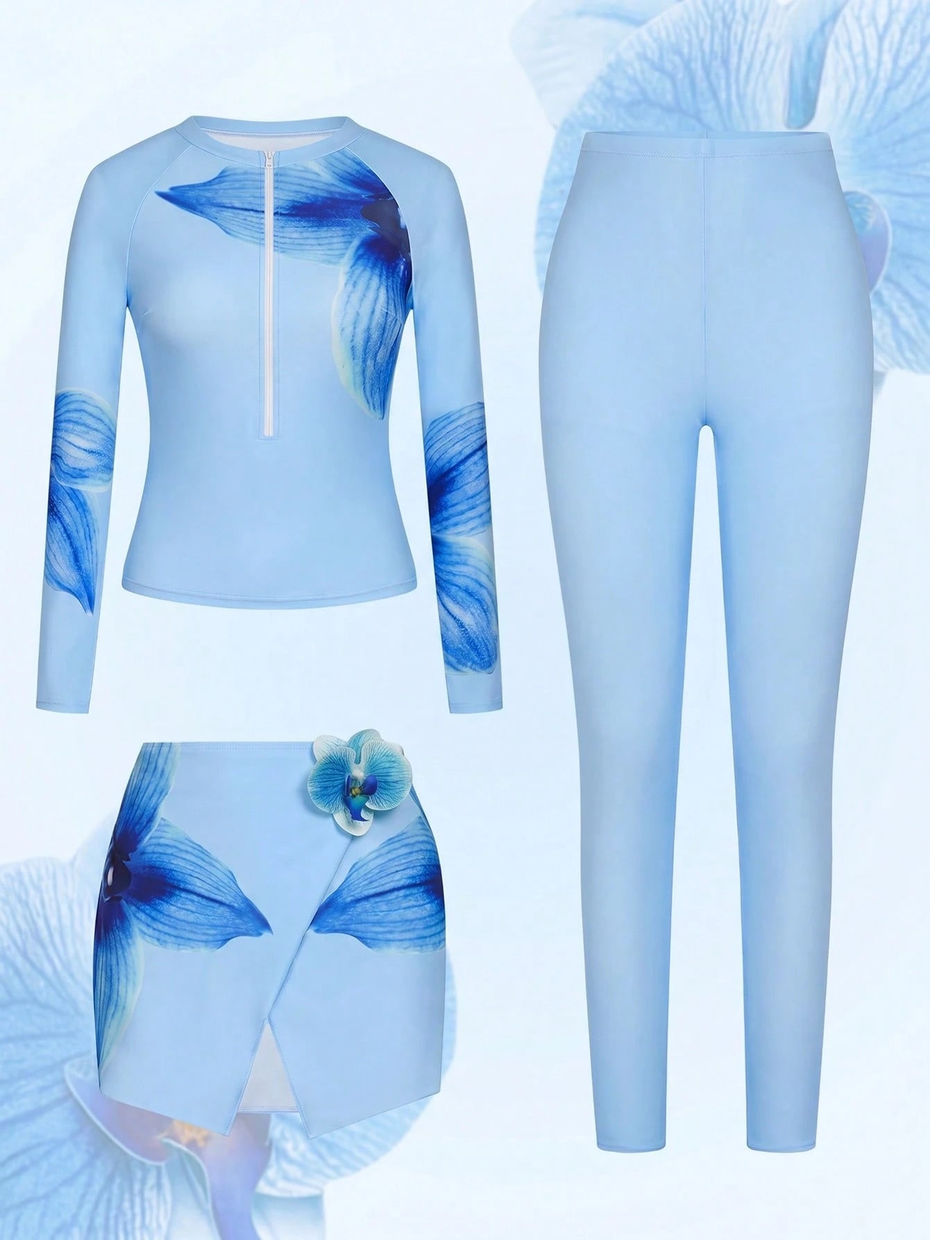 Swim Mulvari New Summer Women's Round Neck Long Sleeve Zip-Up Top, Fitted Pink Pants, Handmade 3D Floral Print Side Skirt, Casual Resort Burkini Set