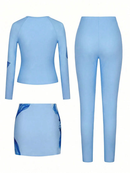 Swim Mulvari New Summer Women's Round Neck Long Sleeve Zip-Up Top, Fitted Pink Pants, Handmade 3D Floral Print Side Skirt, Casual Resort Burkini Set