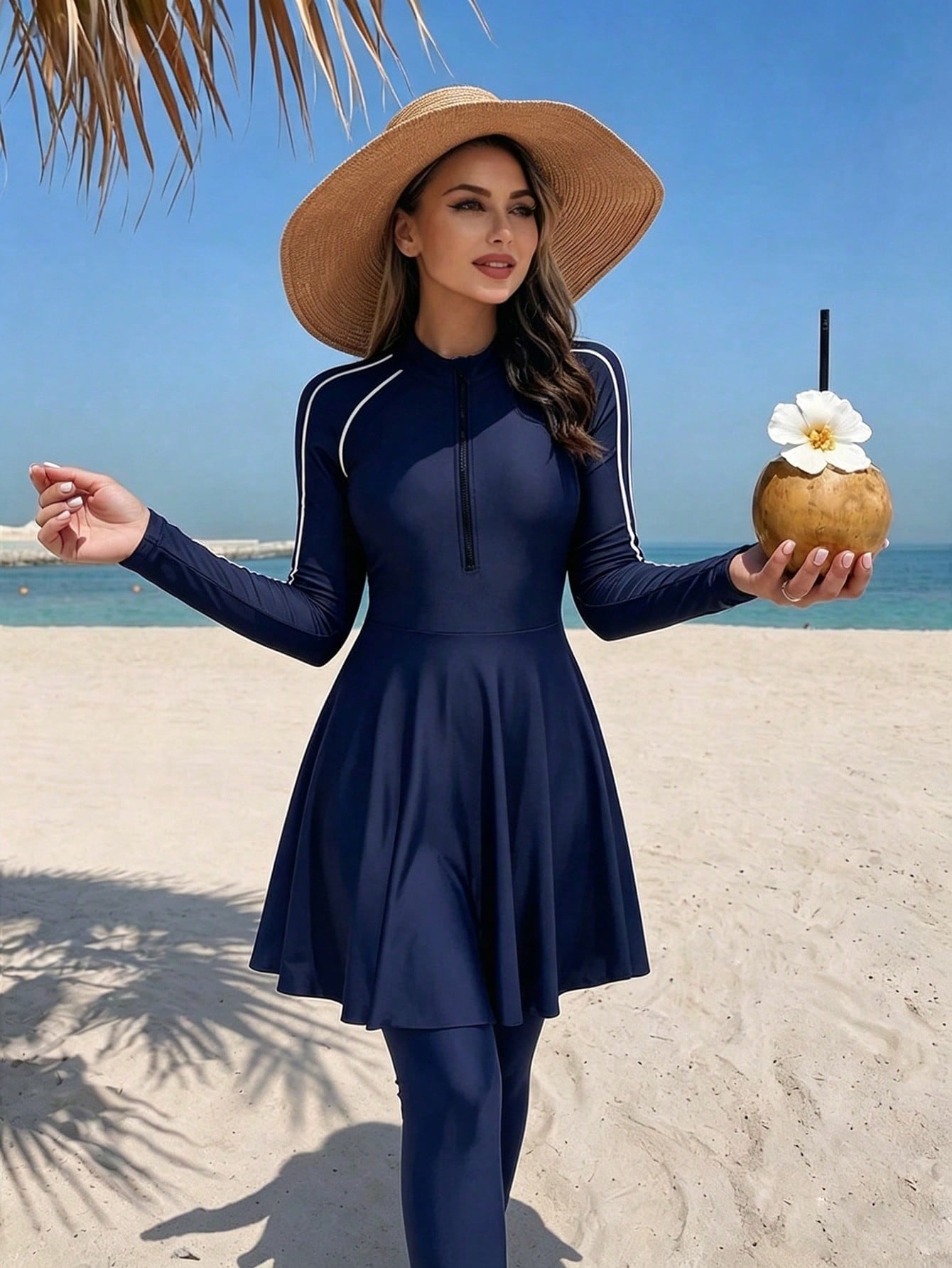 Swim Mulvari Zipper Elegant Modest Ladies Burkini Swimwear Set, Suitable For Beach And Resort Vacation