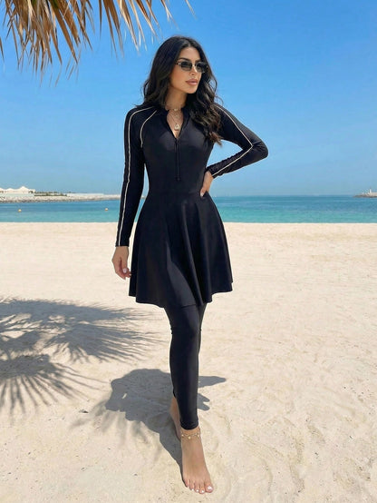 Swim Mulvari Zipper Elegant Modest Ladies Burkini Swimwear Set, Suitable For Beach And Resort Vacation