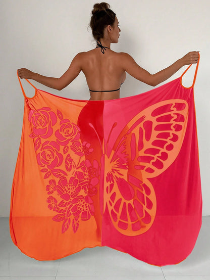 Swim New Summer Beachwear: Color-Block Sheer Maxi Cover-Up Skirt With Butterfly And Floral Prints.Vacation Outfits Women.