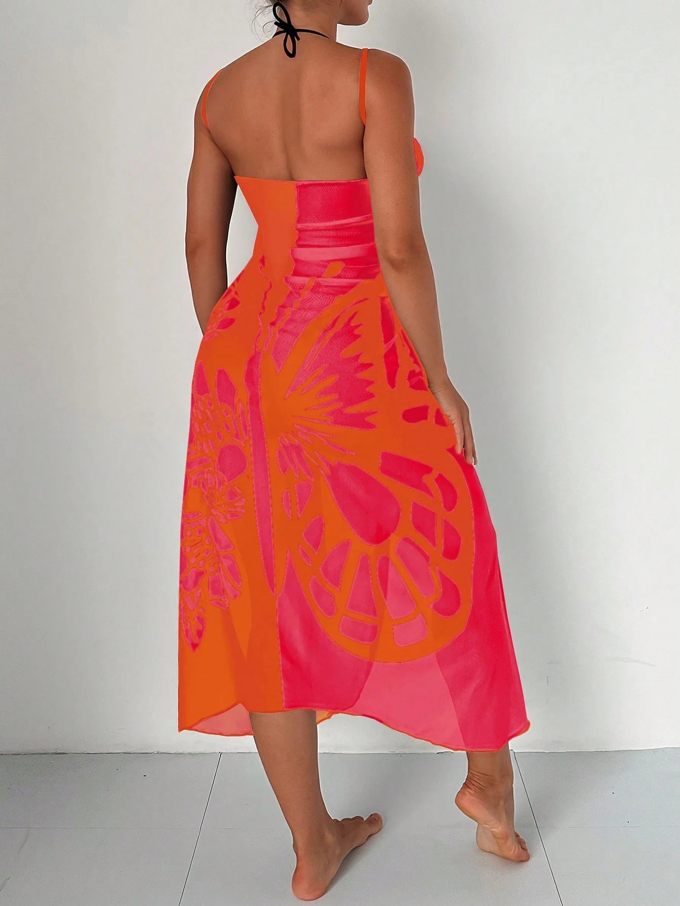 Swim New Summer Beachwear: Color-Block Sheer Maxi Cover-Up Skirt With Butterfly And Floral Prints.Vacation Outfits Women.