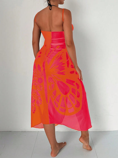 Swim New Summer Beachwear: Color-Block Sheer Maxi Cover-Up Skirt With Butterfly And Floral Prints.Vacation Outfits Women.
