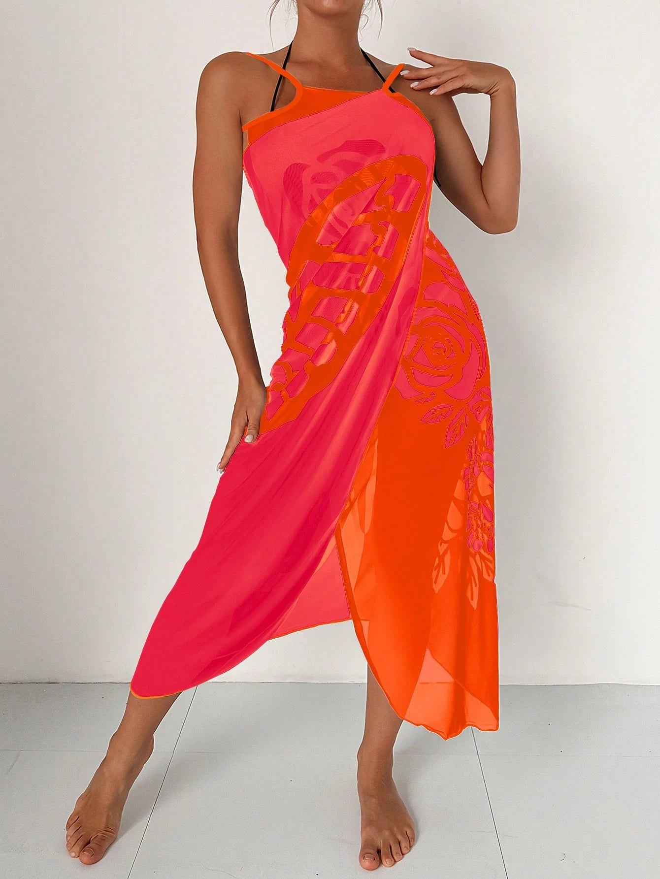 Swim New Summer Beachwear: Color-Block Sheer Maxi Cover-Up Skirt With Butterfly And Floral Prints.Vacation Outfits Women.