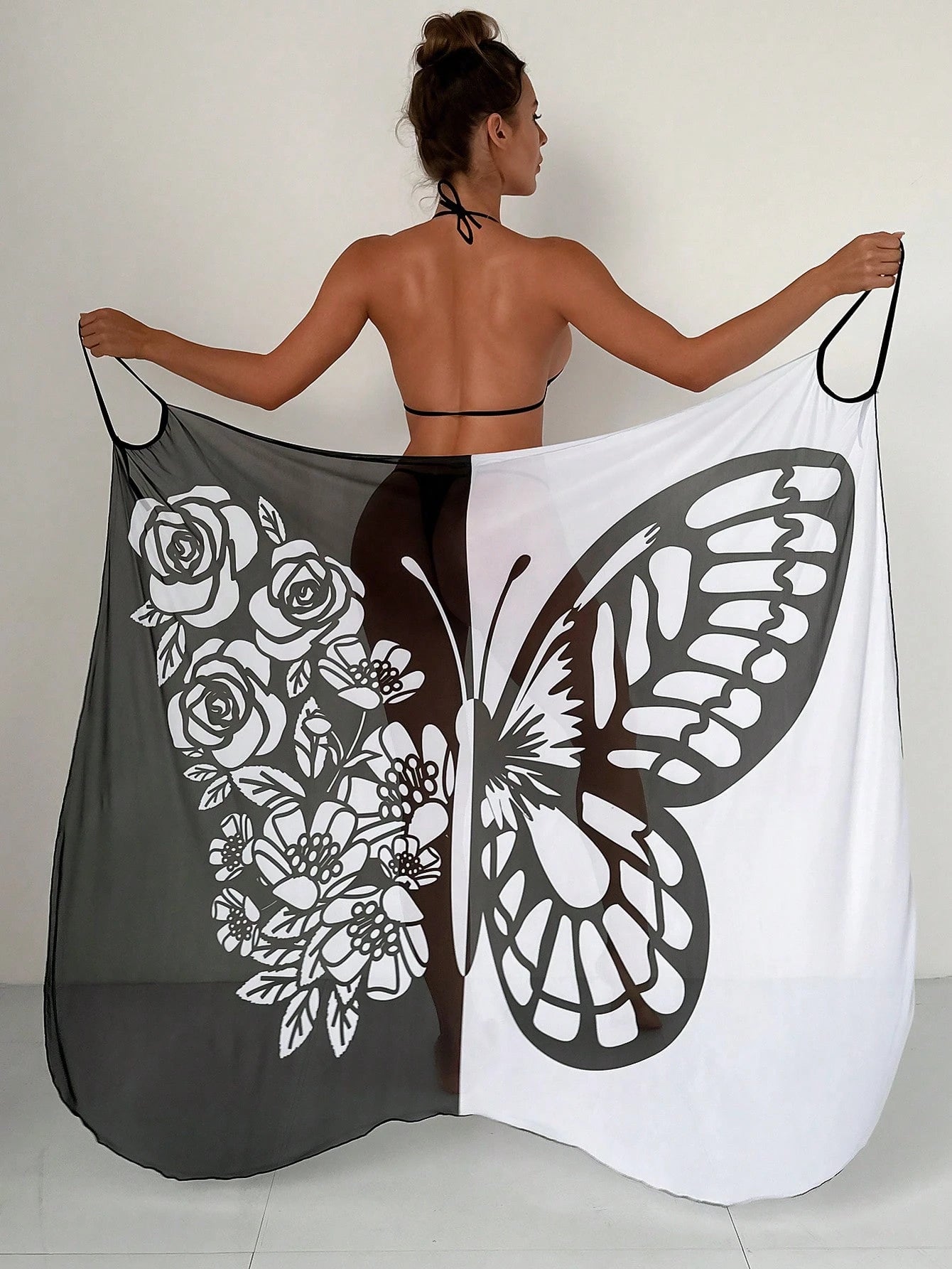 Swim New Summer Beachwear: Color-Block Sheer Maxi Cover-Up Skirt With Butterfly And Floral Prints.Vacation Outfits Women.