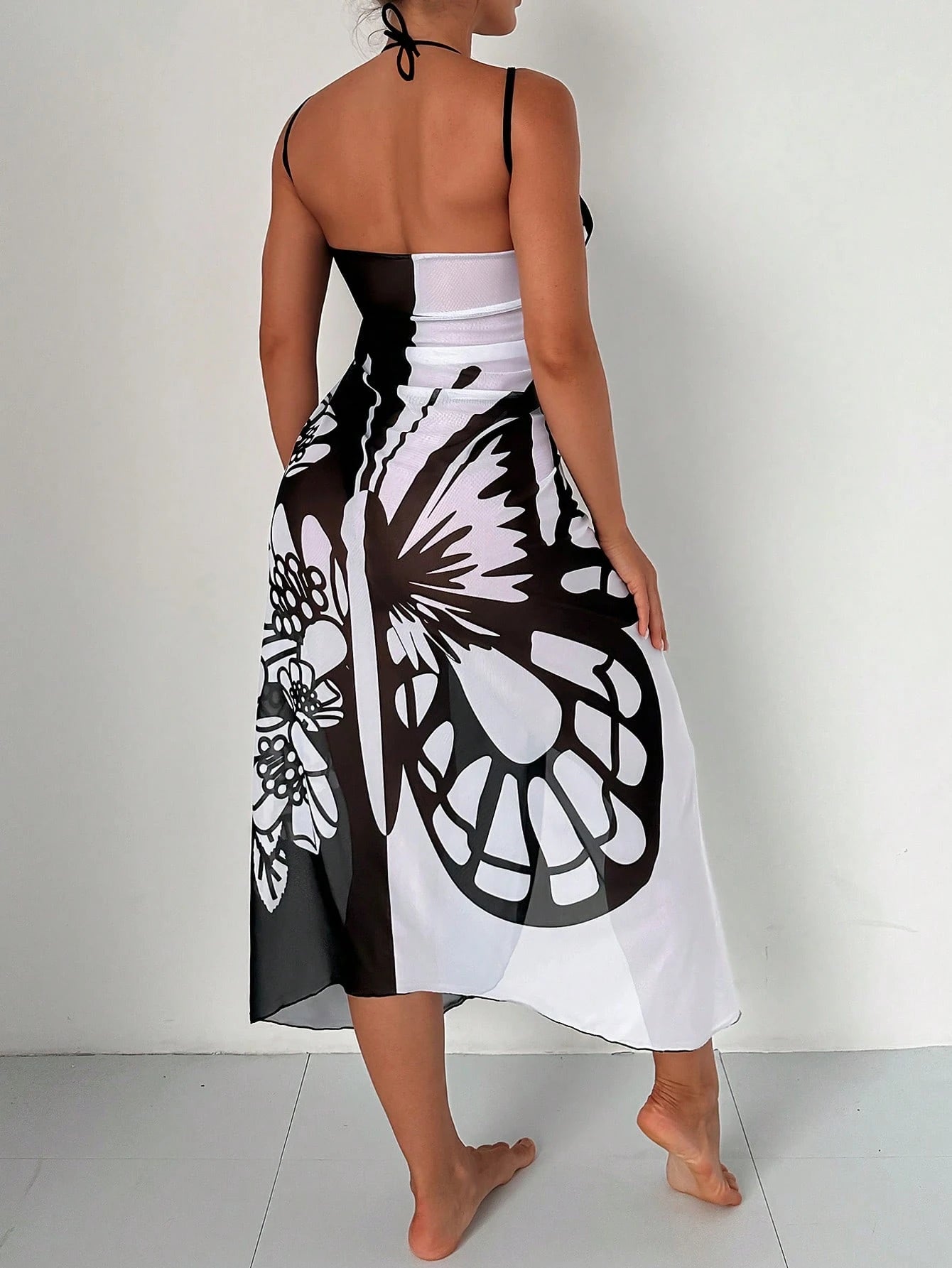 Swim New Summer Beachwear: Color-Block Sheer Maxi Cover-Up Skirt With Butterfly And Floral Prints.Vacation Outfits Women.