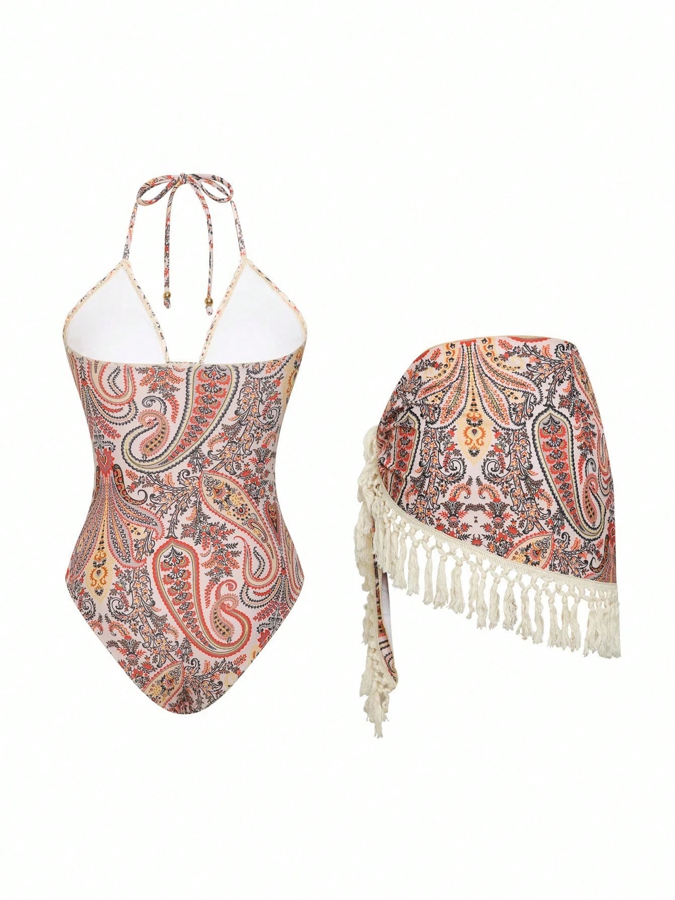 Swim Oasis 1 Set: Random Paisley Print Deep-V Halter Monokini And Matching Tassel Cover Up Skirt, Women Swimsuit For Summer Beach Vacation