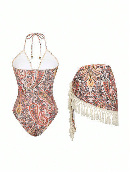 Swim Oasis 1 Set: Random Paisley Print Deep-V Halter Monokini And Matching Tassel Cover Up Skirt, Women Swimsuit For Summer Beach Vacation