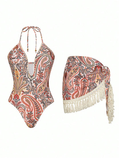 Swim Oasis 1 Set: Random Paisley Print Deep-V Halter Monokini And Matching Tassel Cover Up Skirt, Women Swimsuit For Summer Beach Vacation
