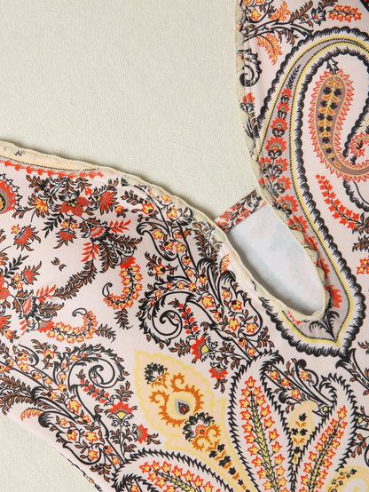 Swim Oasis 1 Set: Random Paisley Print Deep-V Halter Monokini And Matching Tassel Cover Up Skirt, Women Swimsuit For Summer Beach Vacation