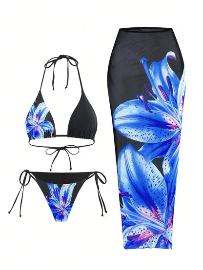 Swim Oasis 2025 Casual Vacation Spaghetti Strap Triangle Top, Side Tie Triangle Bottom, And Long Mesh Cover Up 3-Piece Swimsuit Set For Women, Summer